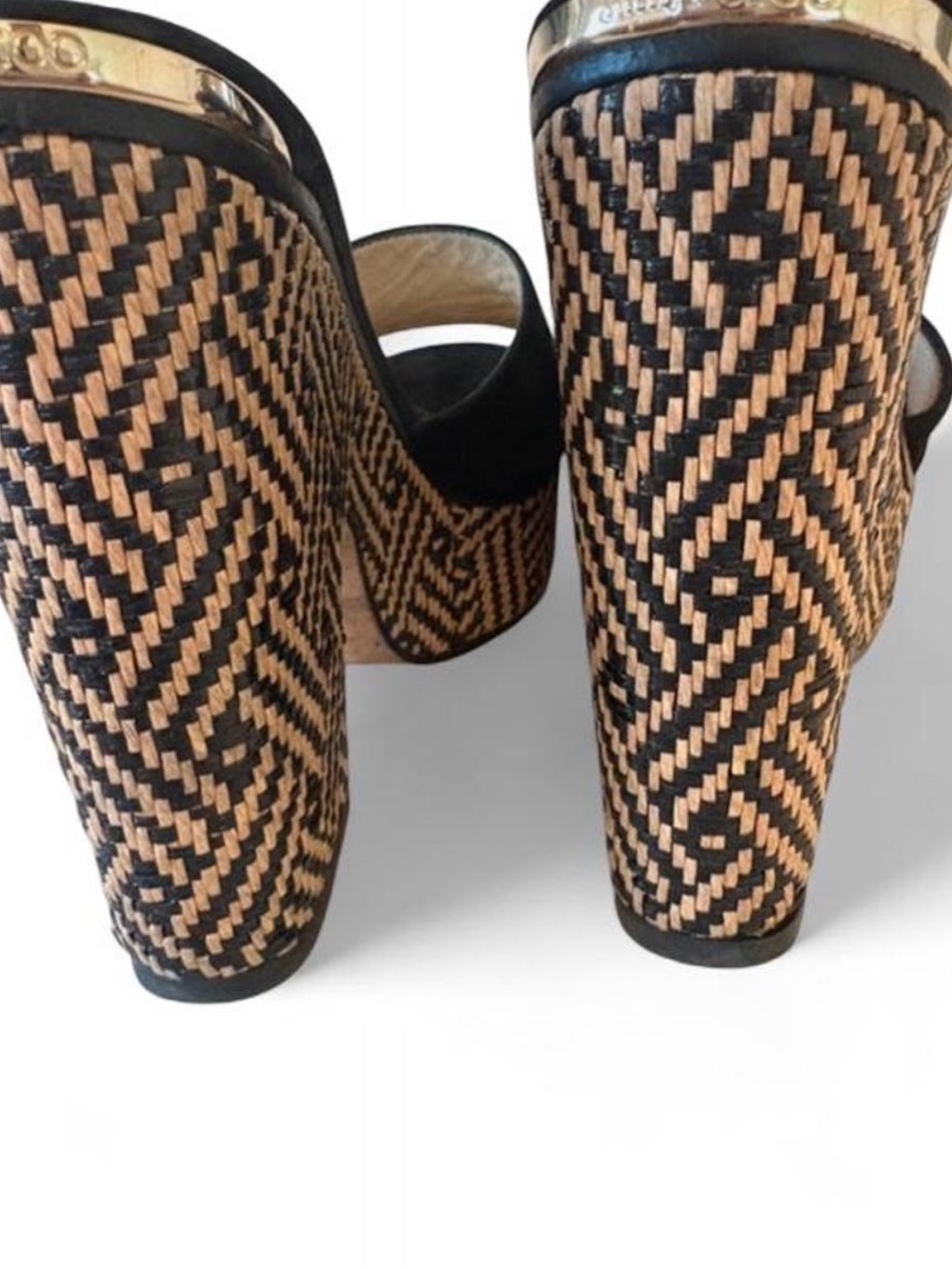 Jimmy Choo Deedee wedge sandals black suede uppers, woven platform size 8.5/38.5
